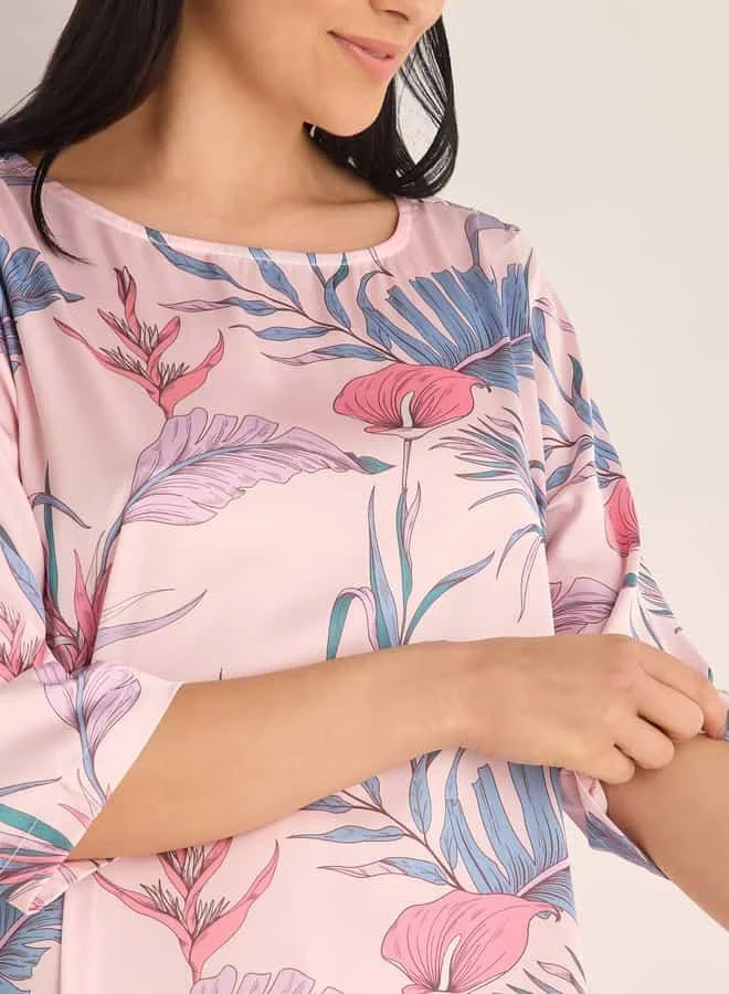 Splash FAV Floral Print Night Gown with 3/4 Sleeves and Fringe Detail