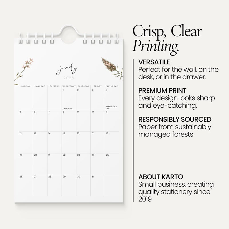 Karto Small Wall Calendar 2026 - Vertical 6x9 inch January 2026 to June 2027 - Small, Versatile, and Easy Planning with the Aesthetic Desk Monthly Calendar - Flowers - Image 3