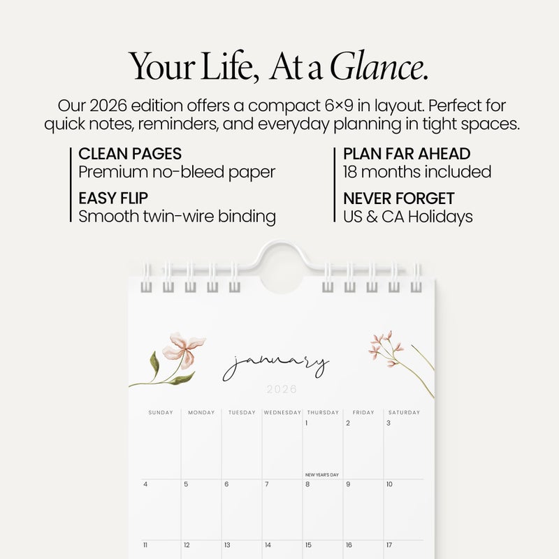 Karto Small Wall Calendar 2026 - Vertical 6x9 inch January 2026 to June 2027 - Small, Versatile, and Easy Planning with the Aesthetic Desk Monthly Calendar - Flowers - Image 2