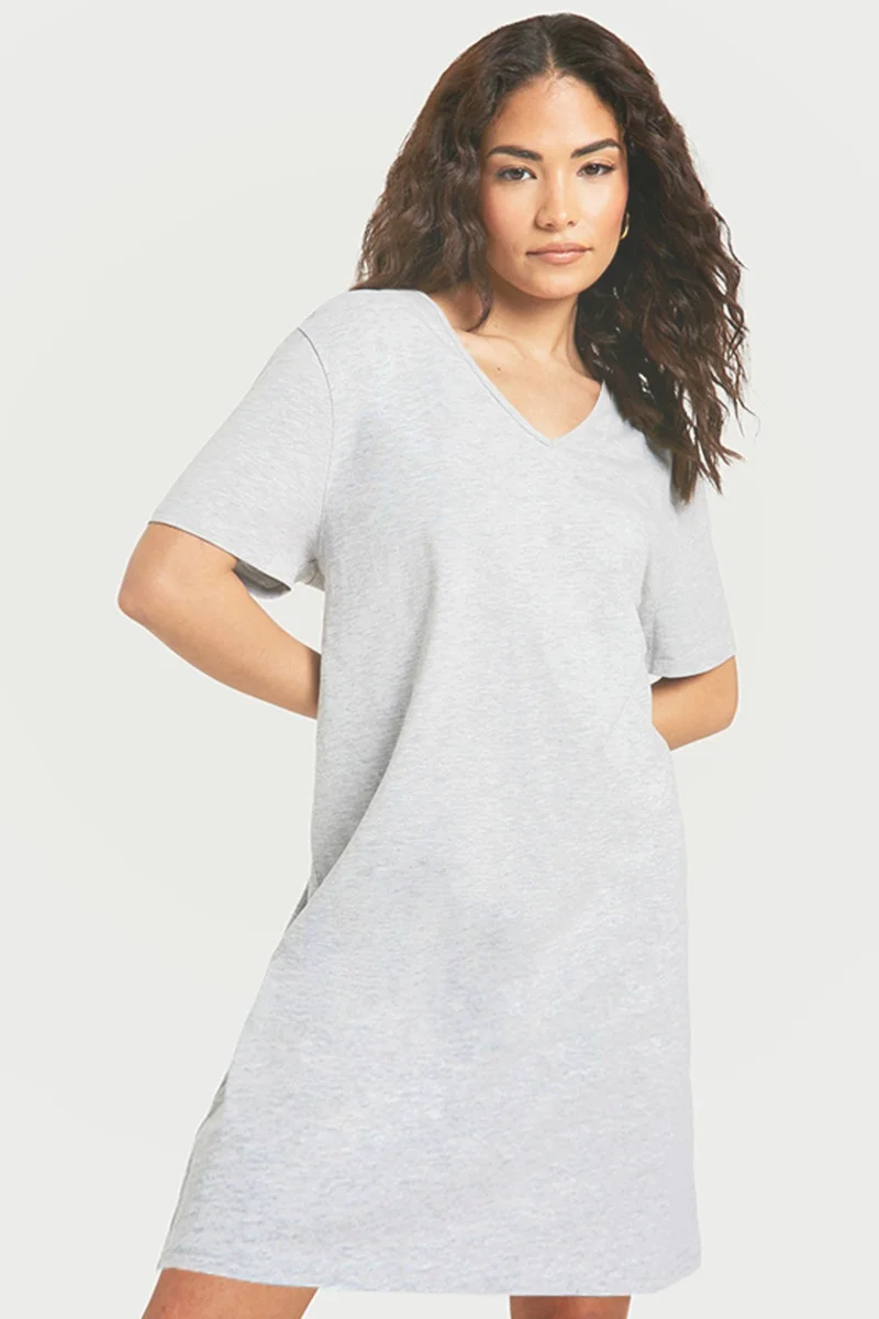 روك اند رول Plain Grey Melange V Neck Half Sleeve Knee Length Comfortable Home Dress Nightgown