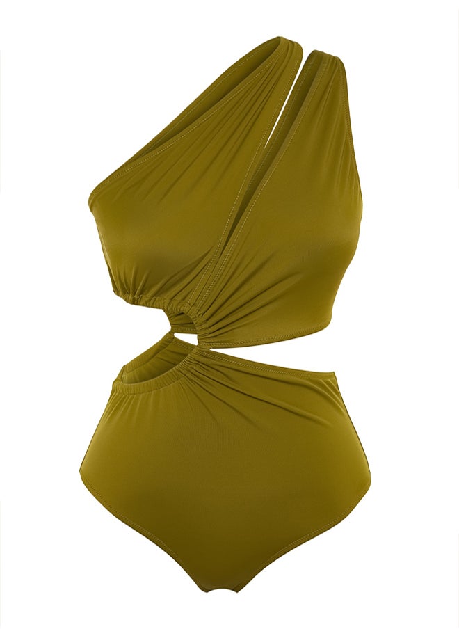 Khaki One Shoulder Tunnel Cut Out/Windowed Regular Core Swimsuit
