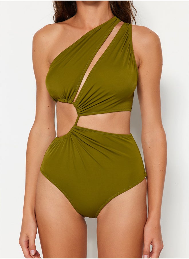 Khaki One Shoulder Tunnel Cut Out/Windowed Regular Core Swimsuit