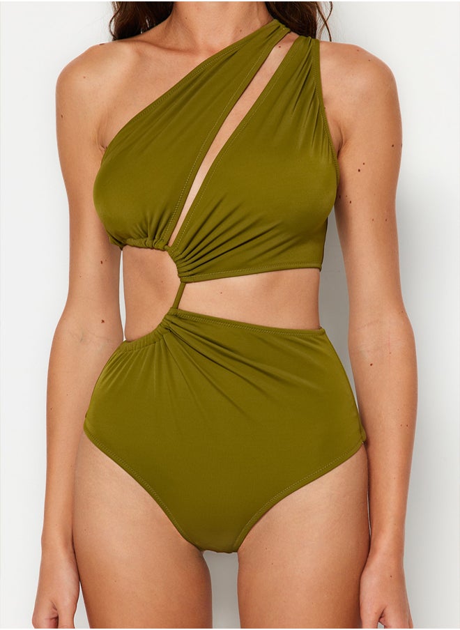 Khaki One Shoulder Tunnel Cut Out/Windowed Regular Core Swimsuit