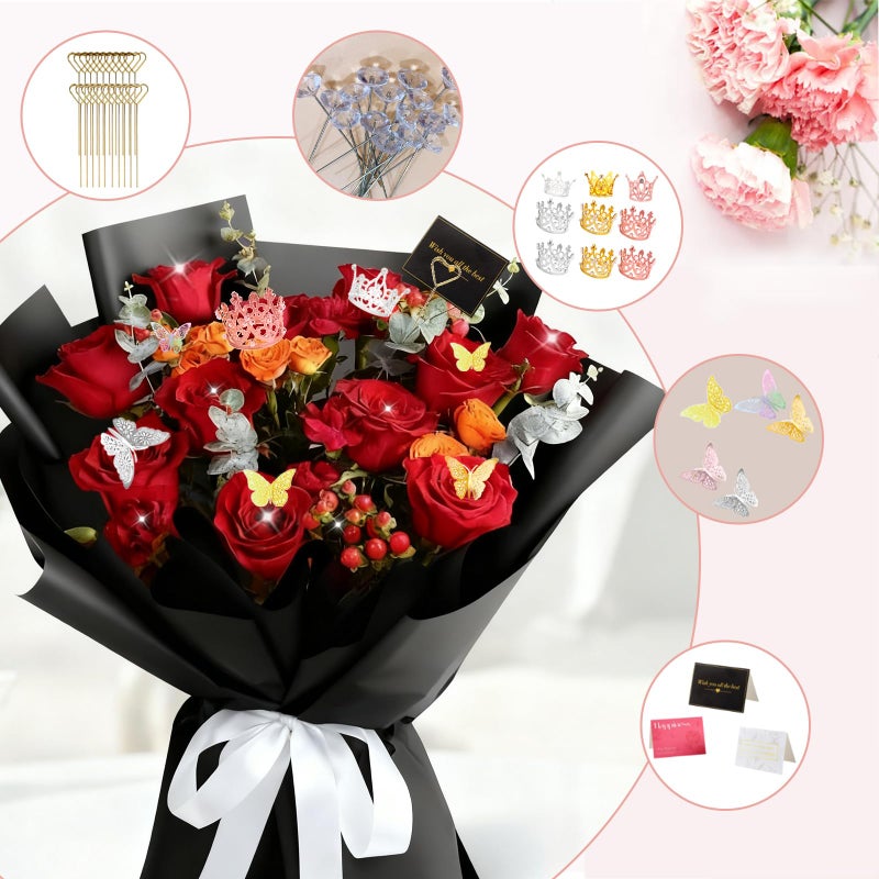 DNSGOOR 548Pcs Flower Wrapping Paper Kit with 200Sheets Waterproof Bouquet Wrapping Paper Decor Crowns 3D Butterfly Bouquet Pins Ribbons for Valentines Graduation Birthday Home Party - Image 4