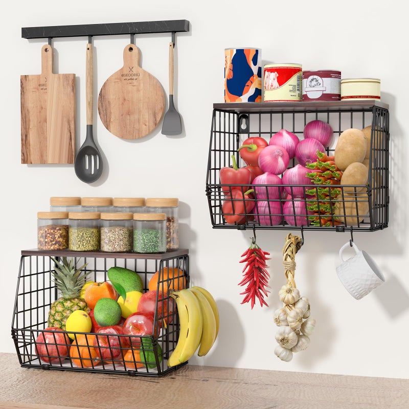 Wawocs Fruit Basket for Kitchen Counter 2 Tier Fruit Bowl, Stackable Wall Mounted Hanging Fruit Basket Wire Baskets with Wood Lid with 4 Banana Hanger Hooks, Onion Basket, Fruit and Vegetable Storage - Image 3