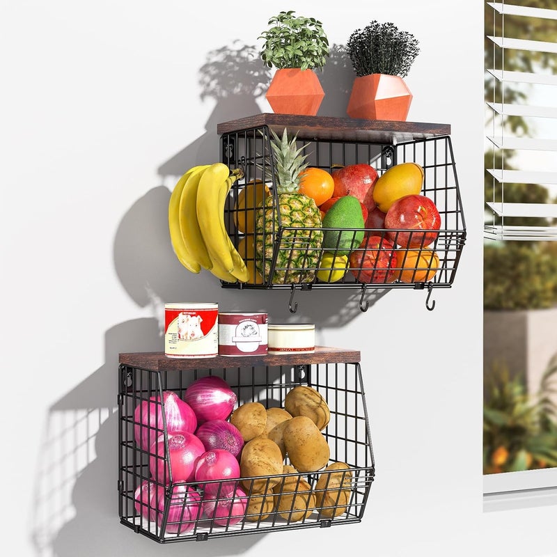 Wawocs Fruit Basket for Kitchen Counter 2 Tier Fruit Bowl, Stackable Wall Mounted Hanging Fruit Basket Wire Baskets with Wood Lid with 4 Banana Hanger Hooks, Onion Basket, Fruit and Vegetable Storage - Image 2