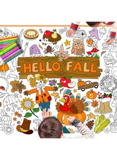 HOWAF Hello Fall Jumbo Coloring Poster With 24 (12 Colors) Coloring Pens,Autumn Giant Coloring Banner,Fall Pumpkin Maple Leaves Coloring Table Cover Banner For Birthday Thanksgiving Party School Group  - Image 1