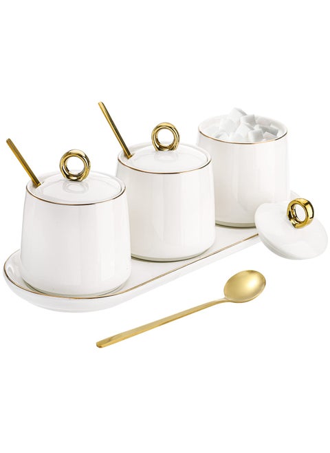 Foraineam Porcelain Sugar Bowl with Lid and Spoon Set of 3 Condiment Jar Coffee Bar Accessories 8 oz Salt Server Spice Container Seasoning Box with Tray