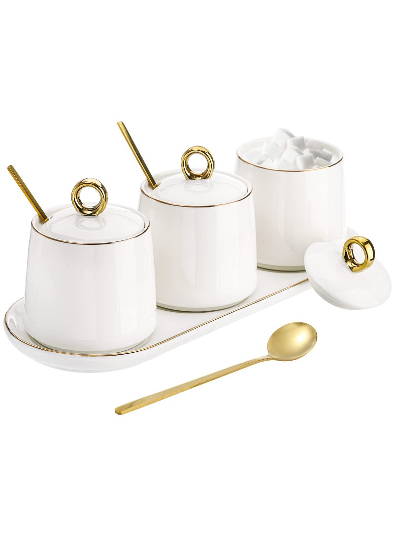Foraineam Foraineam Porcelain Sugar Bowl with Lid and Spoon Set of 3 Condiment Jar Coffee Bar Accessories 8 oz Salt Server Spice Container Seasoning Box with Tray 