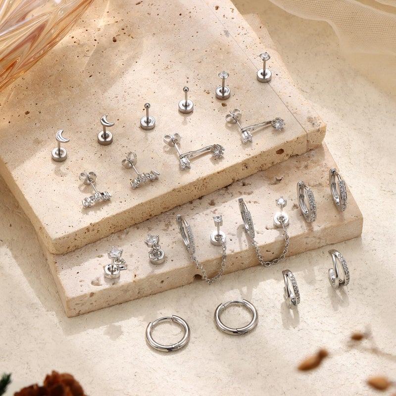Florideco 14K Gold Plated Earrings for Women Hypoallergenic 20G Surgical Stainless Steel Flat Back Stud Earrings Dainty Stackable Earring Stacks Small Cartilage Earring Sets for Multiple Piercing(S) - Image 5