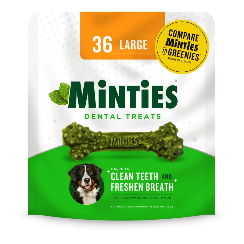 Minties Dental Chews for Dogs, 36 Count, Vet-Recommended Mint-Flavored Treats for Large Dogs Over 50 lbs, Dental Bones Clean Teeth, Fight Bad Breath, and Removes Plaque and Tartar - Image 1