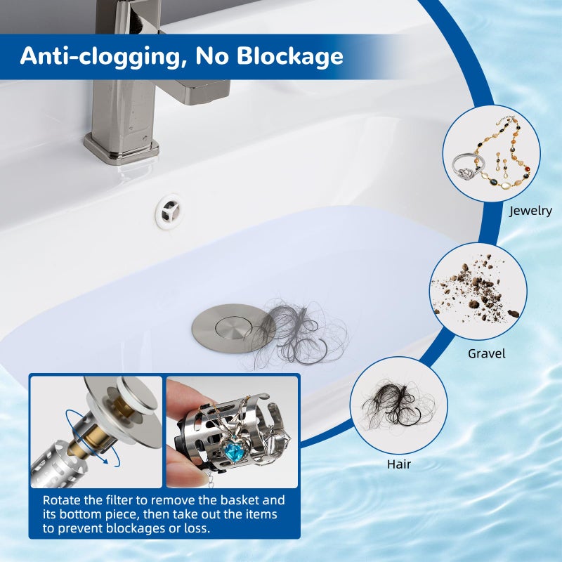 Hibbent Upgraded 3 in 1 Bathroom Sink Drain Strainer, Universal Pop Up Stopper with Removable Stainless Steel Filter Basket Hair Catcher, Sink Plug for 1.1''~2.36'' Basin, Brass Core, Brushed Nickel - Image 2