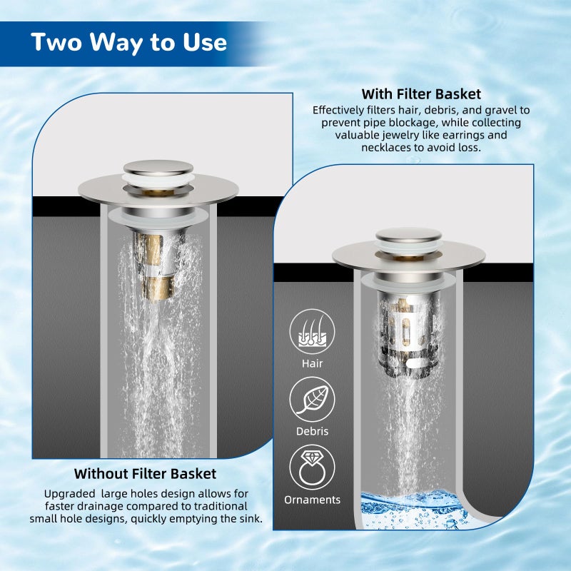 Hibbent Upgraded 3 in 1 Bathroom Sink Drain Strainer, Universal Pop Up Stopper with Removable Stainless Steel Filter Basket Hair Catcher, Sink Plug for 1.1''~2.36'' Basin, Brass Core, Brushed Nickel - Image 3