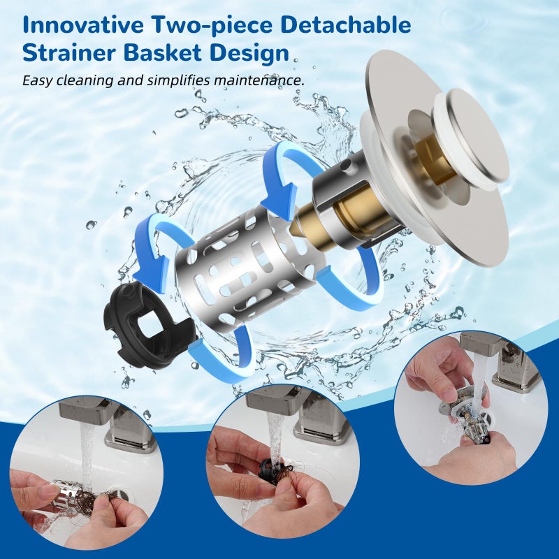 Hibbent Upgraded 3 in 1 Bathroom Sink Drain Strainer, Universal Pop Up Stopper with Removable Stainless Steel Filter Basket Hair Catcher, Sink Plug for 1.1''~2.36'' Basin, Brass Core, Brushed Nickel - Image 4