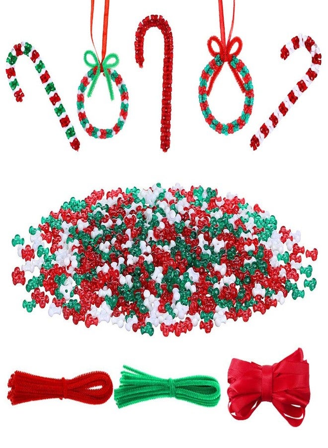 YBB 1500 Pcs Christmas Tri-Shaped Beads Ornament Kit with 50 Pieces Chenille Stems and Red Ribbon, Plastic Tri Beads for Christmas Tree Candy Cane Wreath DIY Hanging Decoration - Image 1