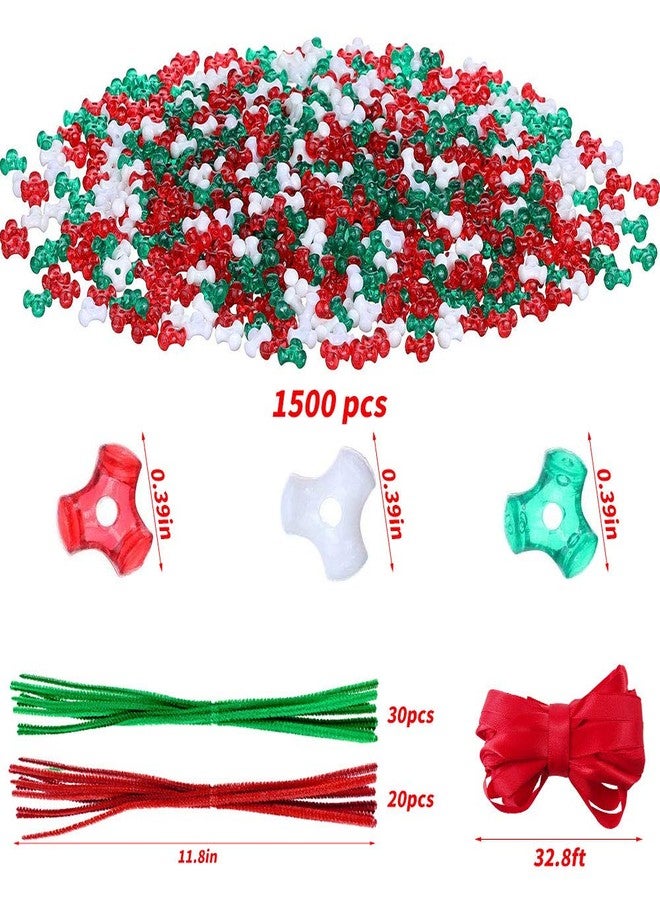 YBB 1500 Pcs Christmas Tri-Shaped Beads Ornament Kit with 50 Pieces Chenille Stems and Red Ribbon, Plastic Tri Beads for Christmas Tree Candy Cane Wreath DIY Hanging Decoration - Image 2
