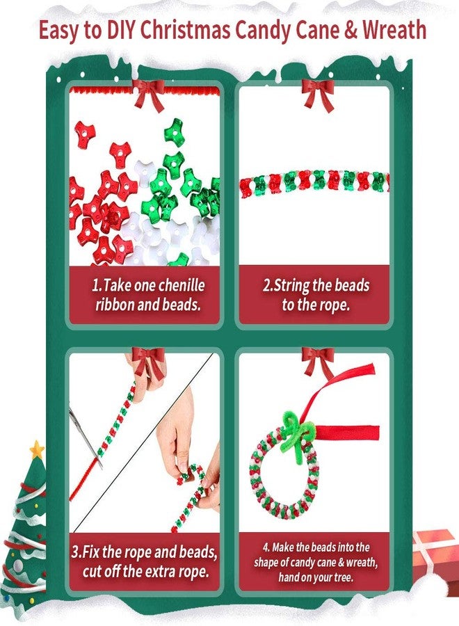 YBB 1500 Pcs Christmas Tri-Shaped Beads Ornament Kit with 50 Pieces Chenille Stems and Red Ribbon, Plastic Tri Beads for Christmas Tree Candy Cane Wreath DIY Hanging Decoration - Image 3