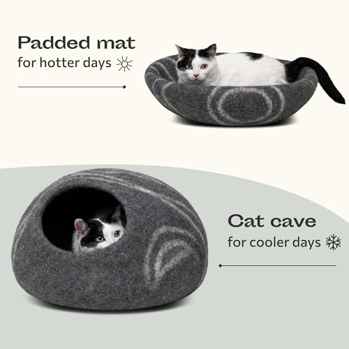 MEOWFIA Cat Cave – Premium Felt Cat Bed for Indoor Cats, Handmade 100% Merino Wool (Large, Dark Grey) - Image 4