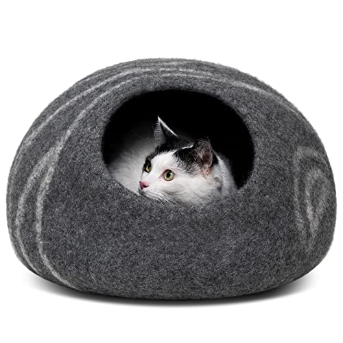 MEOWFIA Cat Cave – Premium Felt Cat Bed for Indoor Cats, Handmade 100% Merino Wool (Large, Dark Grey) - Image 1