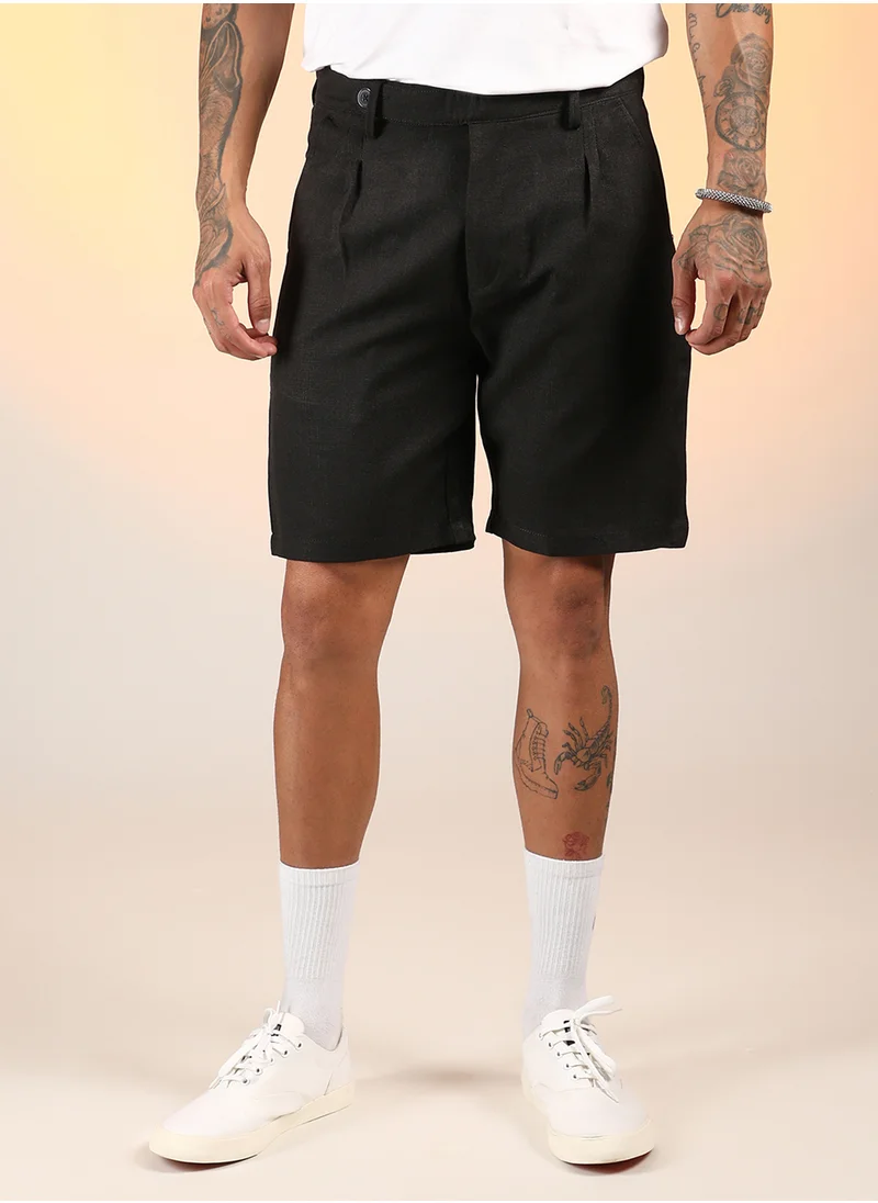 Campus Sutra Men's Onyx Black Solid Pleated Shorts