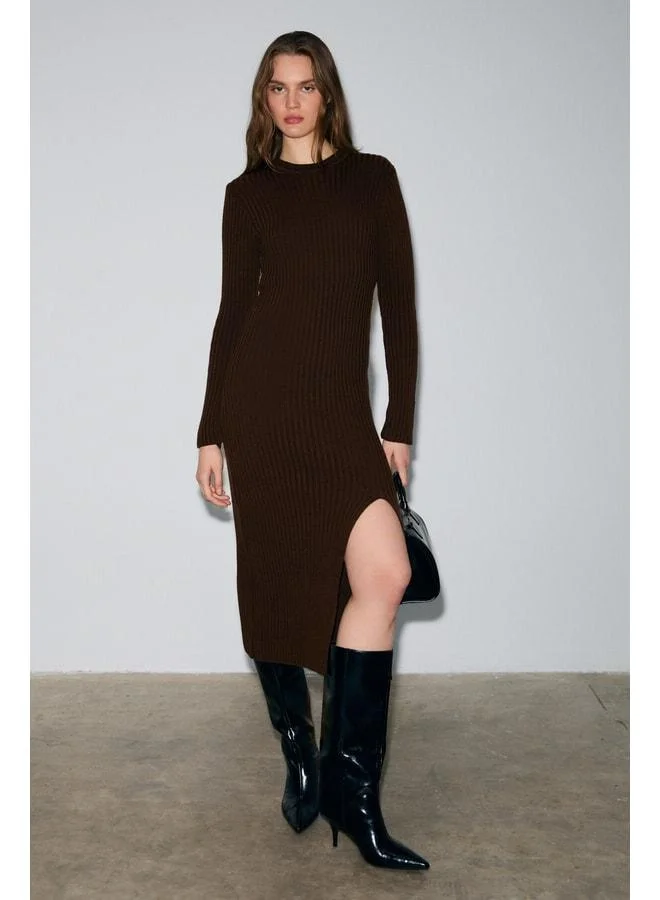 Grimelange  SOREYA Women's Round Neck Striped Pattern Slit Slim Fit Knit Dark Coffee Dress. for Women | Best Price UAE