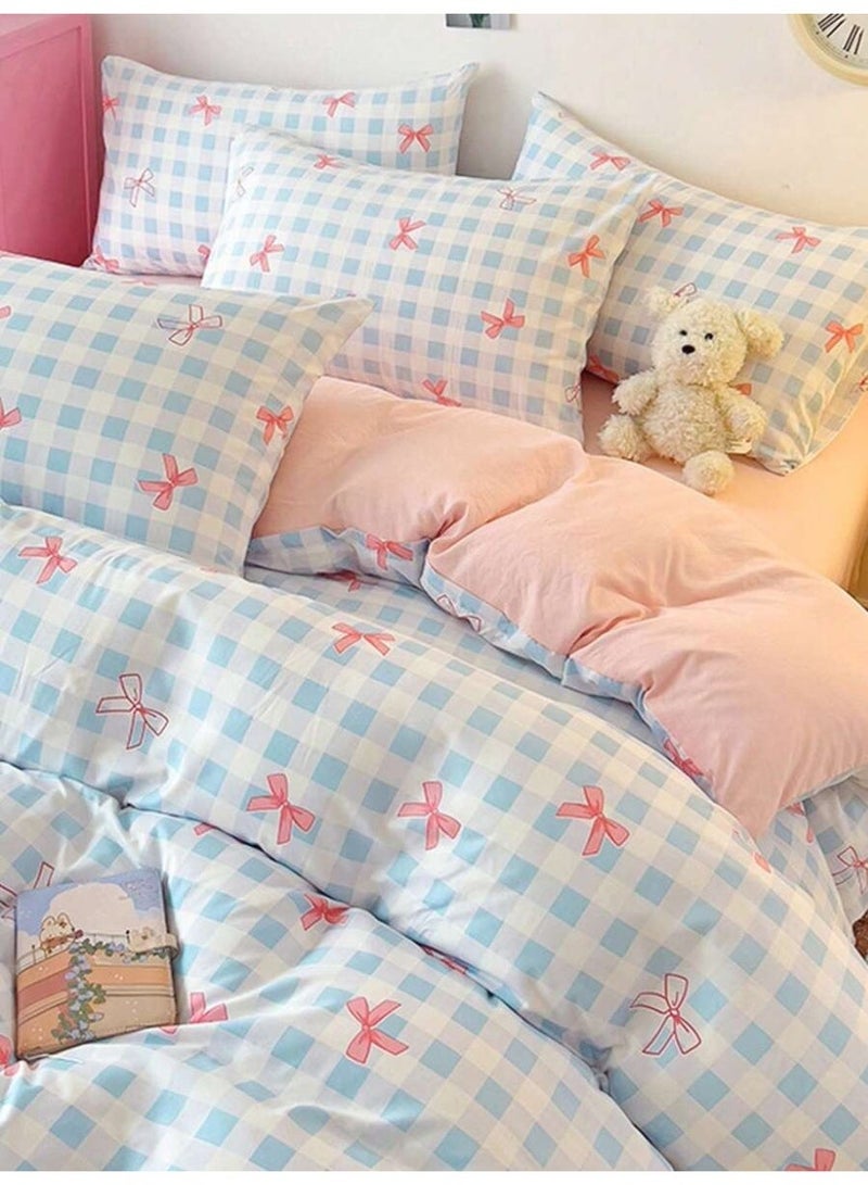 Blue Checkered Bow Bedding Set 3PCS – Cute Ribbon Print Duvet Cover – Soft Pastel Bedding for Girls – Kawaii Aesthetic Style-150*200 cm - Image 1