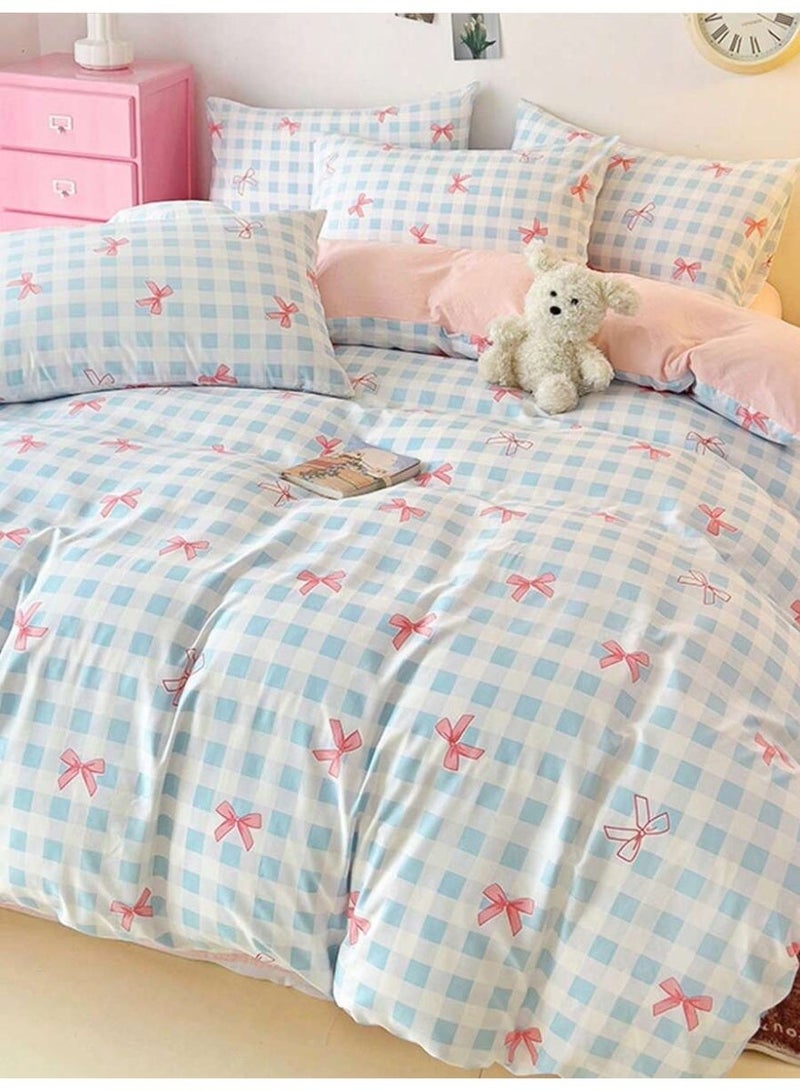 Blue Checkered Bow Bedding Set 3PCS – Cute Ribbon Print Duvet Cover – Soft Pastel Bedding for Girls – Kawaii Aesthetic Style-150*200 cm - Image 3