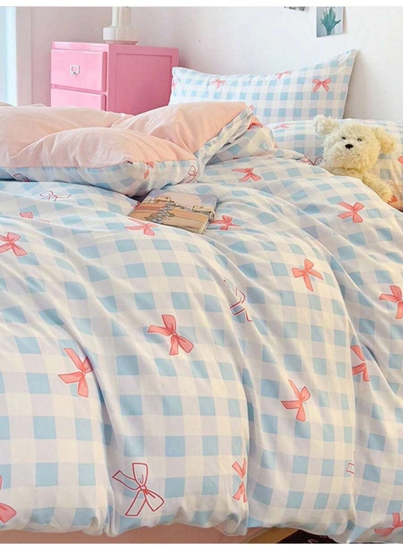 Blue Checkered Bow Bedding Set 3PCS – Cute Ribbon Print Duvet Cover – Soft Pastel Bedding for Girls – Kawaii Aesthetic Style-150*200 cm - Image 2