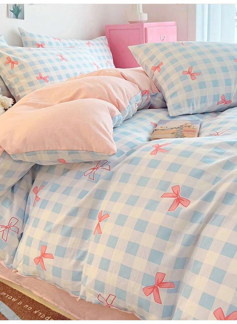 Blue Checkered Bow Bedding Set 3PCS – Cute Ribbon Print Duvet Cover – Soft Pastel Bedding for Girls – Kawaii Aesthetic Style-150*200 cm - Image 4