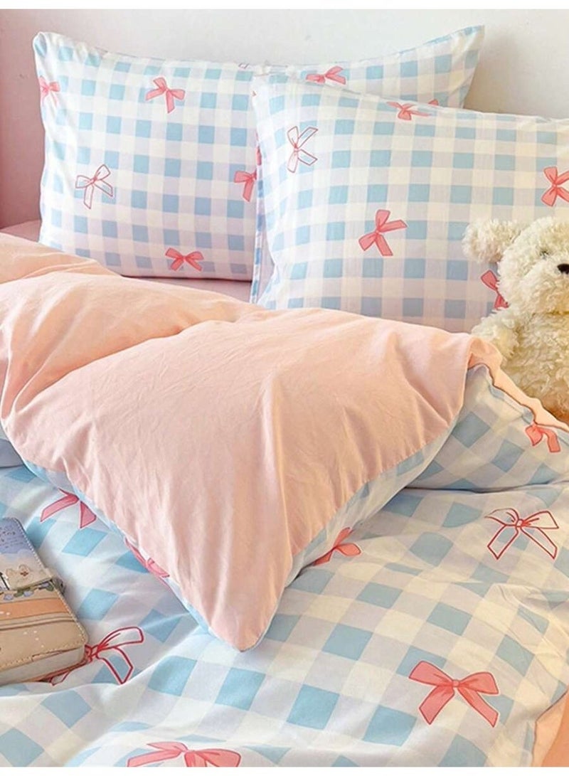 Blue Checkered Bow Bedding Set 3PCS – Cute Ribbon Print Duvet Cover – Soft Pastel Bedding for Girls – Kawaii Aesthetic Style-150*200 cm - Image 5
