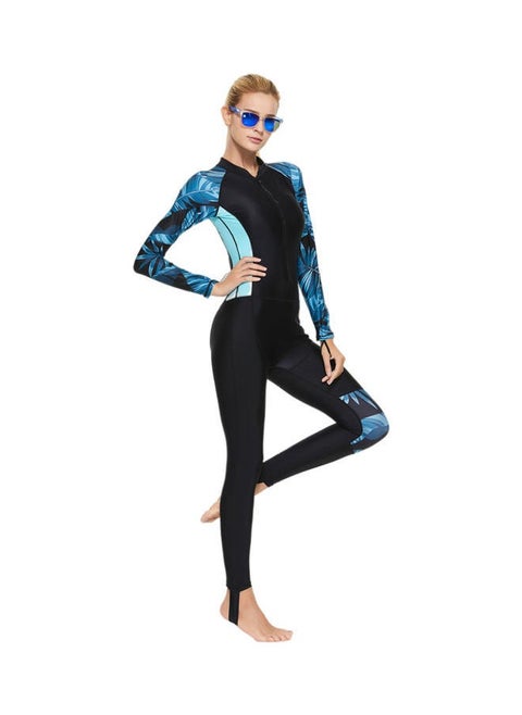 Long Sleeve Printed Zipper Closure Swimming One Piece Multicolour