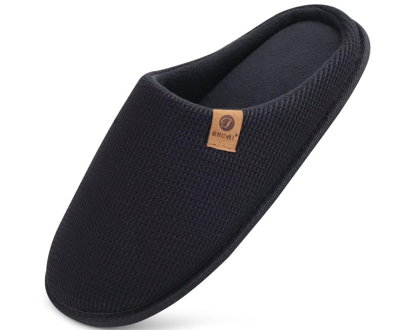ONCAI Mens Slippers with Cushion Memory Foam Cotton-Blend High-Density Warm House Slippers for man 2026 Slip-on Indoor Outdoor Comfortable Best House Shoes Rubber Sole Black Size 12 US - Image 1