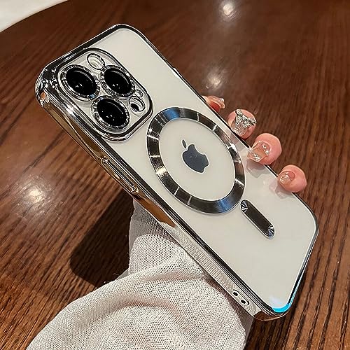 ZIYE Magnetic Case Made for iPhone 15 Pro Max 6.7 Inch [Compatible with MagSafe] Full Camera Protection Clear Plating Luxury Phone Cover for Women Men Soft TPU Drop Protective Phone Case,Silver - Image 1