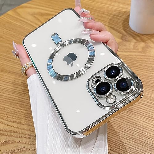 ZIYE Magnetic Case Made for iPhone 15 Pro Max 6.7 Inch [Compatible with MagSafe] Full Camera Protection Clear Plating Luxury Phone Cover for Women Men Soft TPU Drop Protective Phone Case,Silver - Image 2