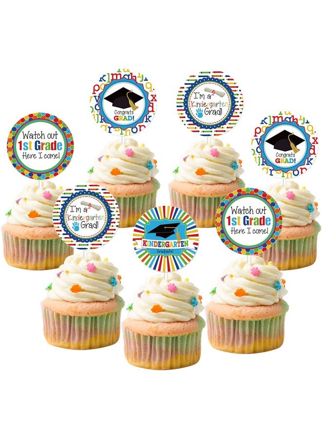 KITMOUS Kindergarten Graduation Cupcake Toppers - 24pcs (6 Shapes) - Silver Metallic - Perfect for 2024 Graduation Parties - Image 1
