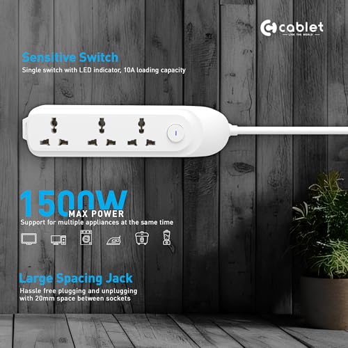 Cablet Extension Board 1500W 6A | 3 Universal Multi Plug Sockets with Surge Protector, Overload Protection, 4.5M Heavy Duty Cord, LED Indicator Master Switch, Spike Guard Power Strip for Home & Office - Image 2