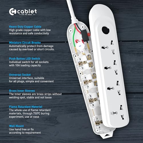 Cablet Extension Board 1500W 6A | 3 Universal Multi Plug Sockets with Surge Protector, Overload Protection, 4.5M Heavy Duty Cord, LED Indicator Master Switch, Spike Guard Power Strip for Home & Office - Image 4