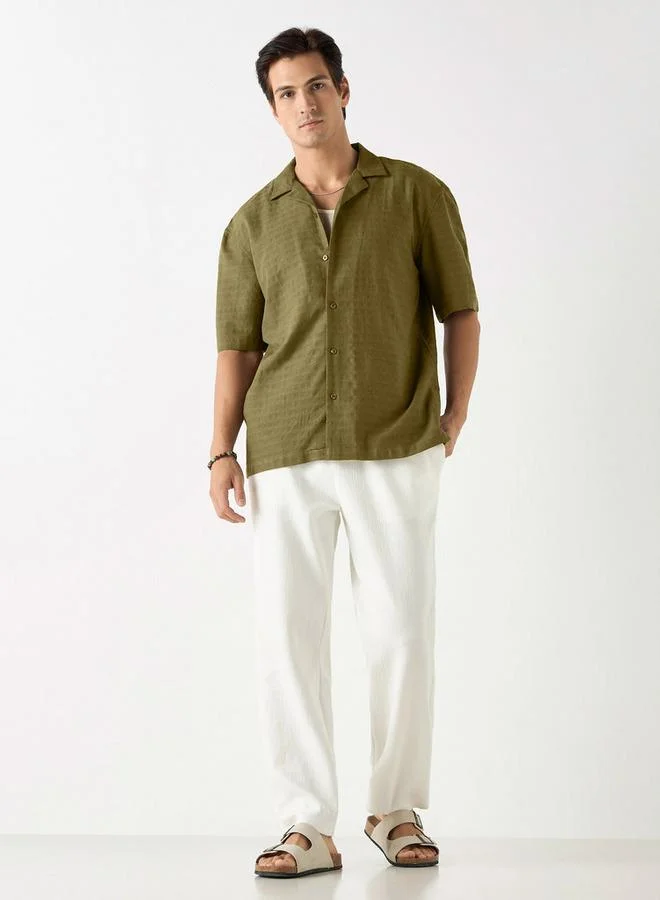 Iconic Iconic Regular Fit Textured Shirt with Camp Collar and Short Sleeves