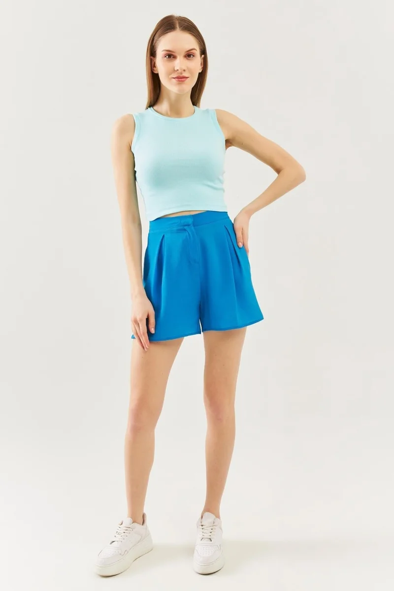 بوتيكجيز Aqua Sıfır Kol Bisiklet Yaka Vücuda Oturan %100 Pamuklu Kaşkorse Esnek Crop Bluz