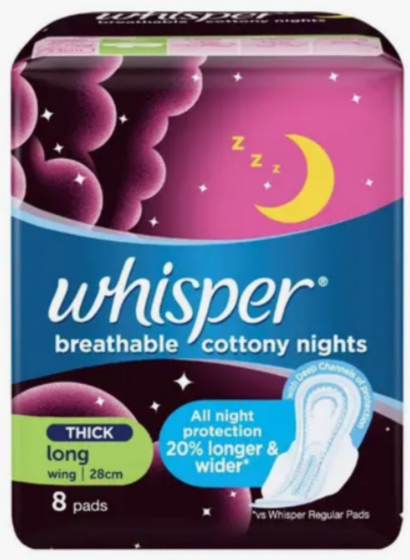 Whisper Breathable Cottony Nights Thick Long 8 Pads