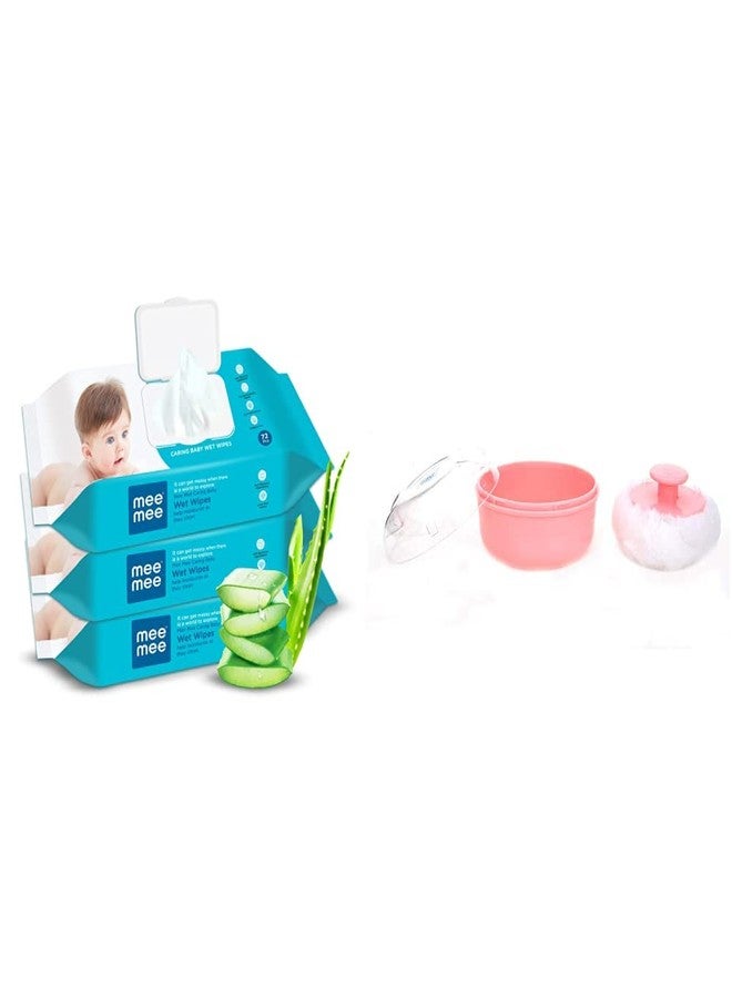 Mee Mee Caring Baby Wet Wipes with lid, 72 Pcs (Aloe Vera, Pack of 3) & Mee Mee Powder Puff (Pink, Soft Feel)