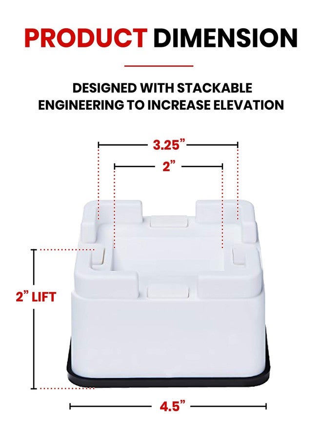 iPrimio V Shape Black Square Bed & Furniture Riser - 2 Inch Lift and Supports Over 8,000 Pounds - Anti Slip Grip to Castor Wheels - for Couch, Desk, Tables, Chairs-Floors, Stackableace (4, White) - Image 4