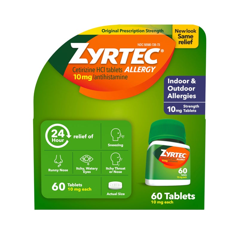 ZYRTEC أقراص زيرتك لتخفيف الحساسية لمدة 24 ساعة، دواء الحساسية الداخلية والخارجية مع 10 ملغ من سيتيريزين HCl لكل قرص مضاد للهستامين، تخفيف الحساسية، 60 حبة - Image 1