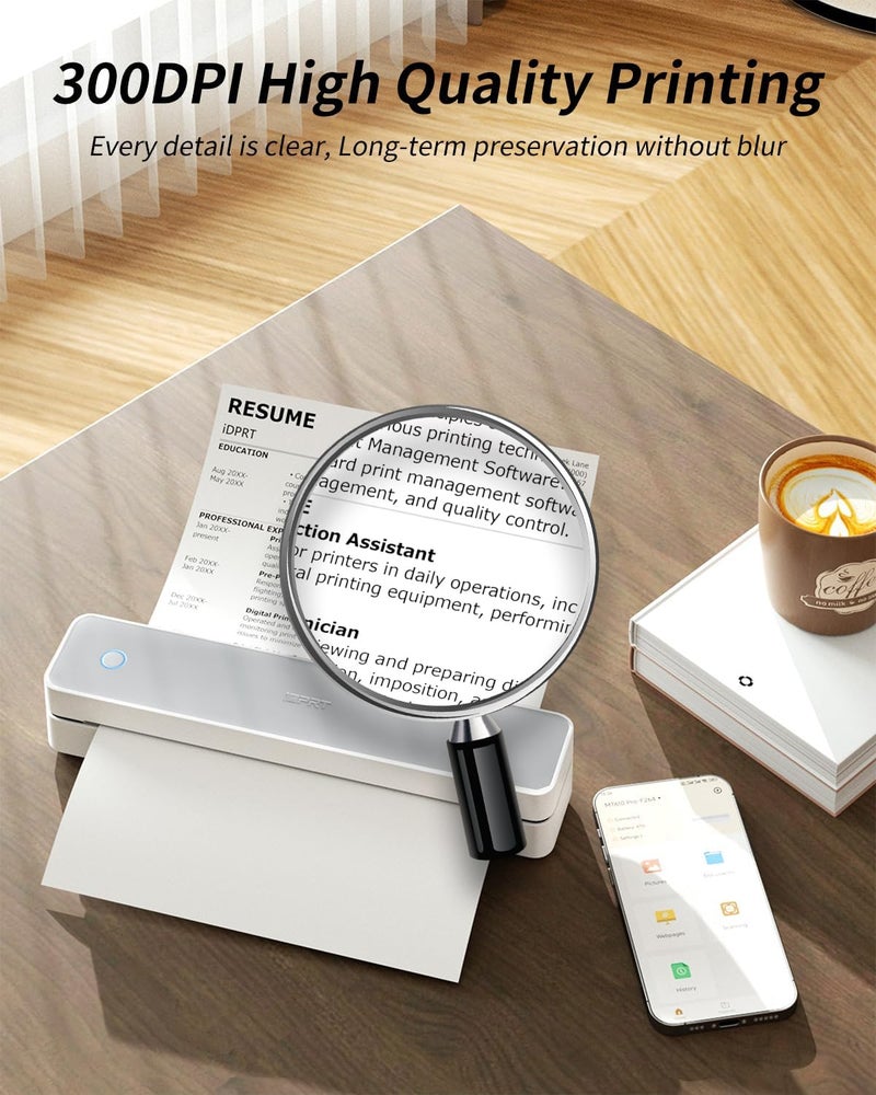 iDPRT طابعة حرارية محمولة من iDPRT، طراز MT610 Pro لاسلكية للسفر، 300 نقطة في البوصة، طابعة بلوتوث بدون حبر تدعم ورق حراري مقاس 8.5 × 11 بوصة (US Letter) وA4 وA5 للمنزل، متوافقة مع iOS وAndroid والكمبيوتر المحمول، أبيض - Image 3