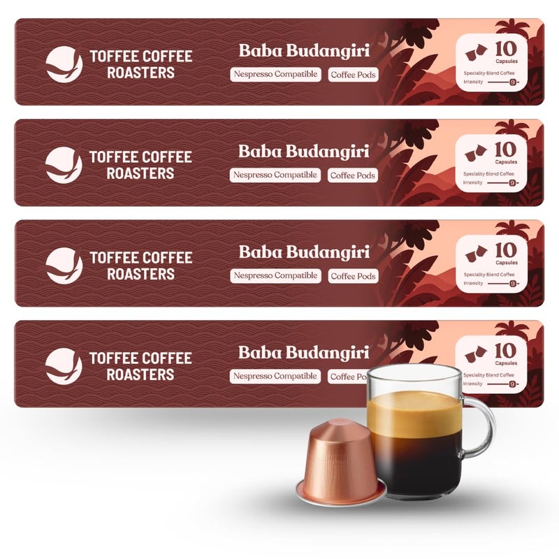 Toffee Coffee Roasters | Baba Budangiri Coffee Capsules | Nespresso Compatible Pods| 100% Speciality Grade | Notes: Nutty & Chocolaty | Roast: Medium Dark | Pack of 4 (40 Capsules) | - Image 1