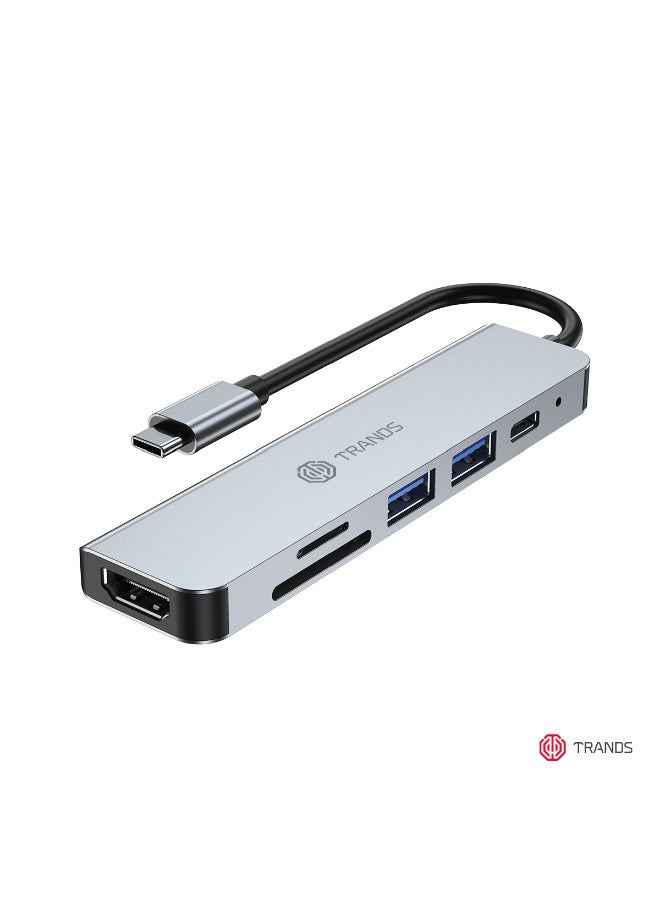 Trands USB-C Multiport Hub Adapter with 4K HDMI, 100W PD, Card Reader & USB Ports - Silver Grey - Image 1