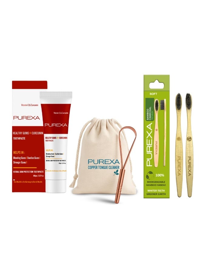 PUREXA مجموعة العناية بالفم من PUREXA - معجون أسنان "Healthy Gums" (100 جم) للثة الملتهبة + أداة تنظيف اللسان من النحاس الخالص بنسبة 100% مع مقبض مريح (على شكل حرف Q) لنفس منعش + فرشاة أسنان من الخيزران بشعيرات ناعمة مشبعة بالفحم النشط وخالية من مادة BPA (عبوة من قطعتين). - Image 1