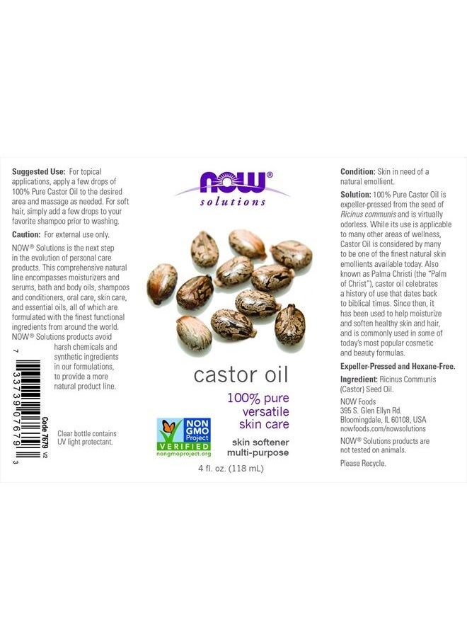 now - Solutions, Castor Oil, 100% Pure Versatile Skin Care, Multi-Purpose Skin Softener, 4-Ounce - Image 1