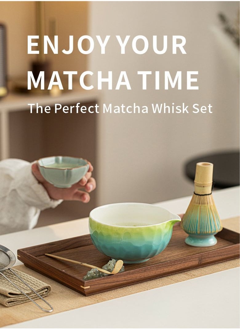 YEADMAL Matcha Whisk Set, Ceramic Matcha Set Includes Matcha Bowl, Matcha Whisk and Holder, Bamboo Scoop, Sifter- 5 Pcs Matcha Kit for Matcha Lovers (Cyan)  - Image 2