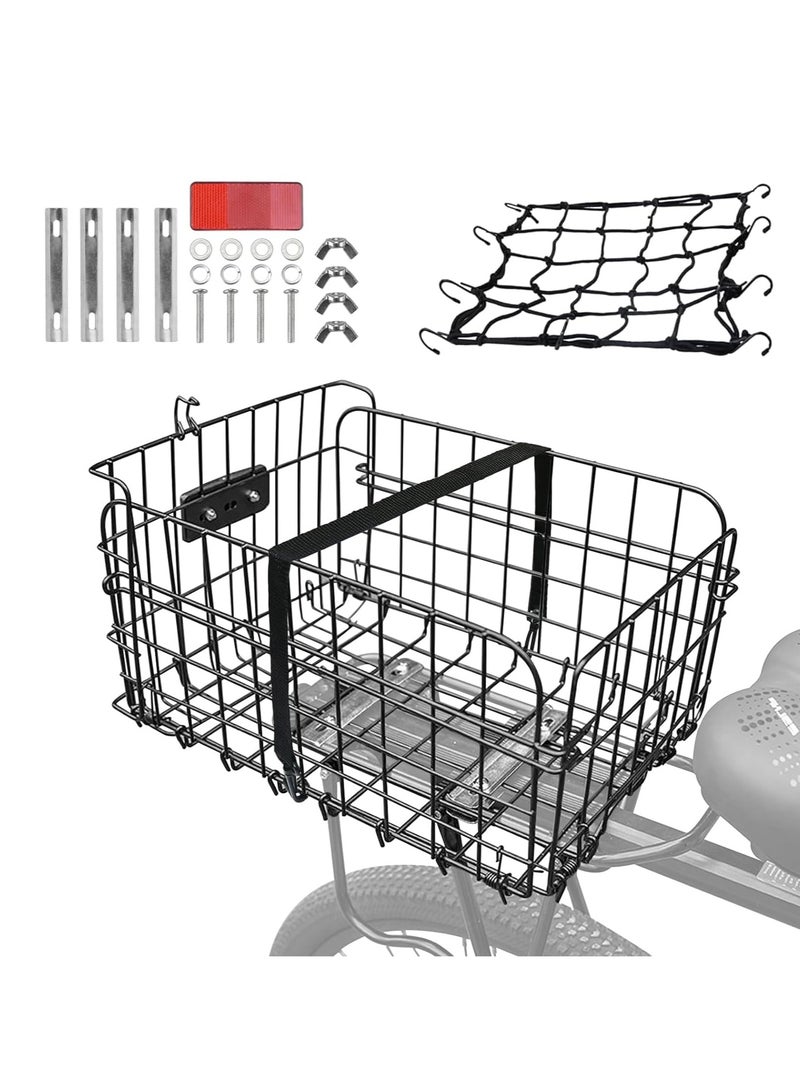 DUNISO Rear Bike Basket, Large Bicycle Basket With Reflective Waterproof Cover, Foldable Metal Wire Bicycle Baskets For Bike Rear Cargo Rack Black (14.8*10.8*7.7 in) - Image 1